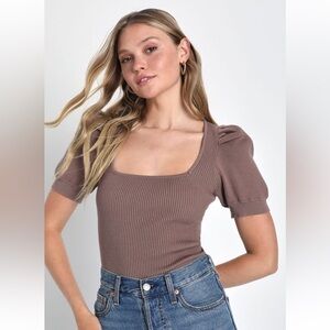 Lulus Brown Ribbed Puff Sleeve Sweater Top